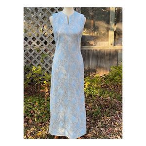 Vintage 50s Metallic Ice Blue Formal Gown Dress Maxi Silver Threads Cheongsam